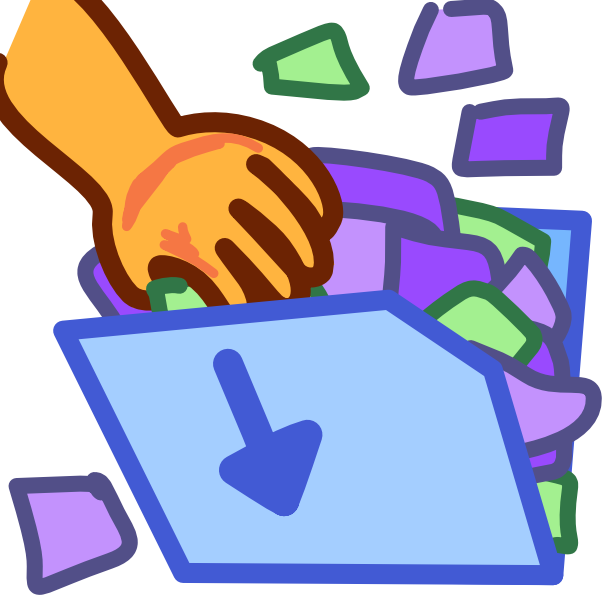 a blue folder with an arrow pointing down on it is over filled with scraps of purple and green colored paper. More scraps are scattered around the folder, and a yellow hand holding a green scrap attempts to cram it into the folder. The image has dark line art.